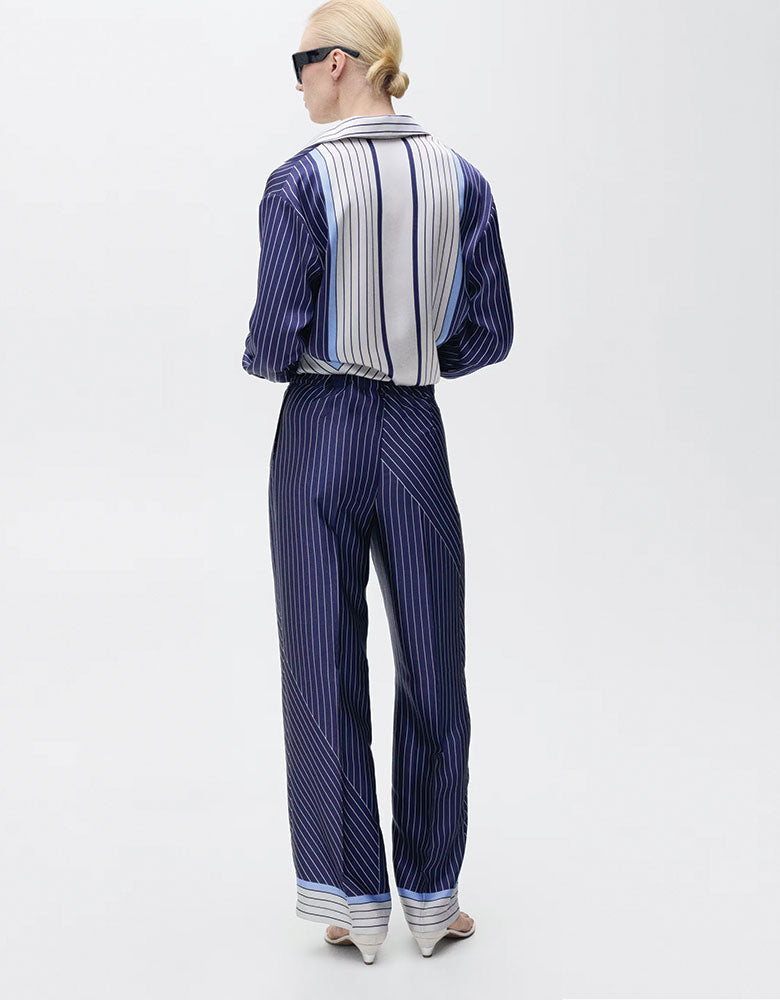 Asymmetrically Striped Satin Pants, Navy