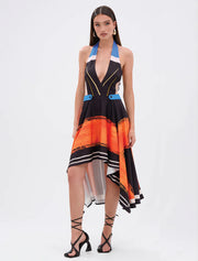 Asymmetrical Halter Midi Dress, Multicolor