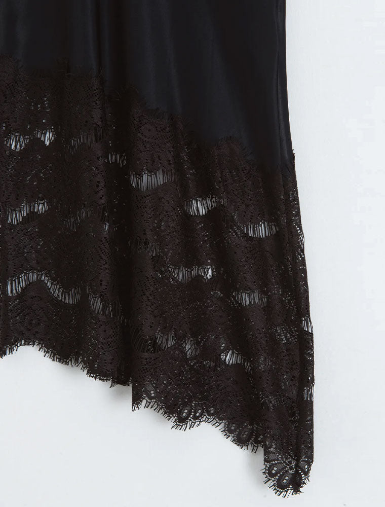 Asymmetrical Lace Satin Skirt, Black