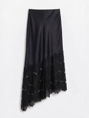 Asymmetrical Lace Satin Skirt, Black