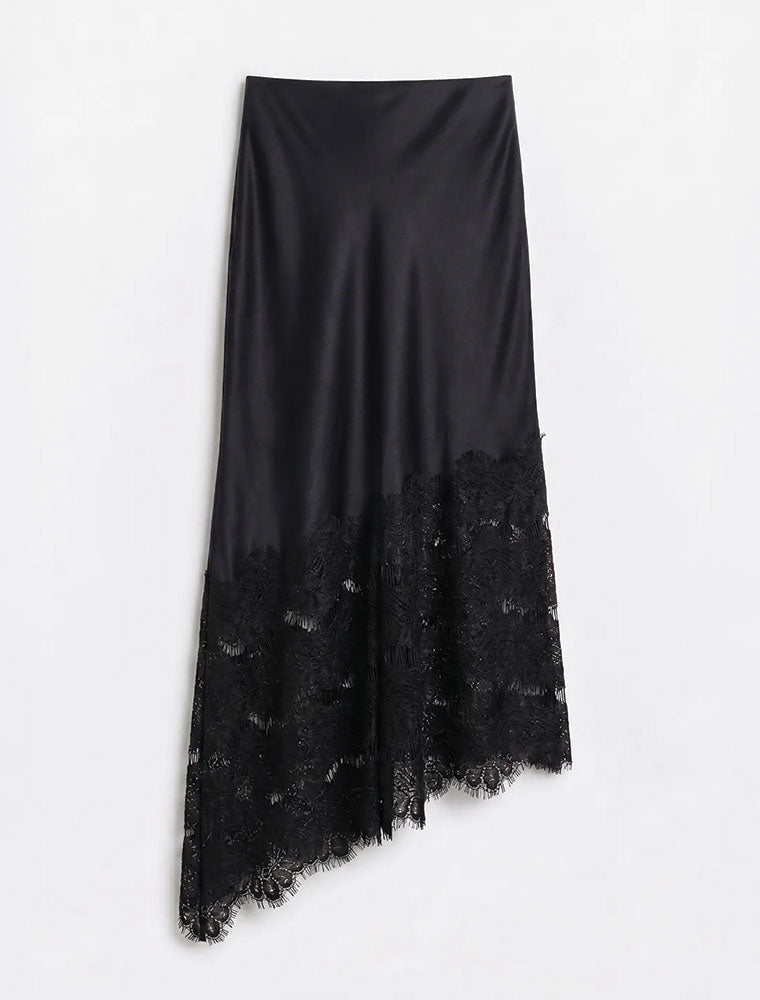 Asymmetrical Lace Satin Skirt, Black
