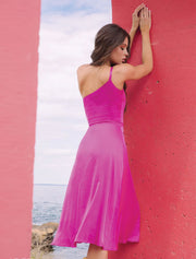 Asymmetrical One-Shoulder Midi Dress, Fuchsia