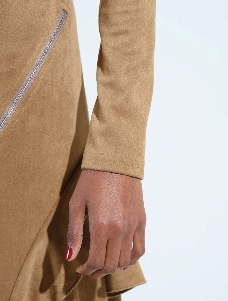 Asymmetrical Zip Detail Suede Mini Dress, Mocha