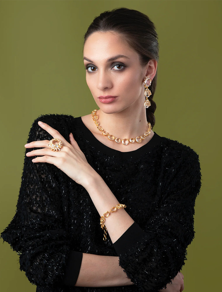 Monica Bracelet, Multi Shapes of Clear Quartz, Rhodium Plated