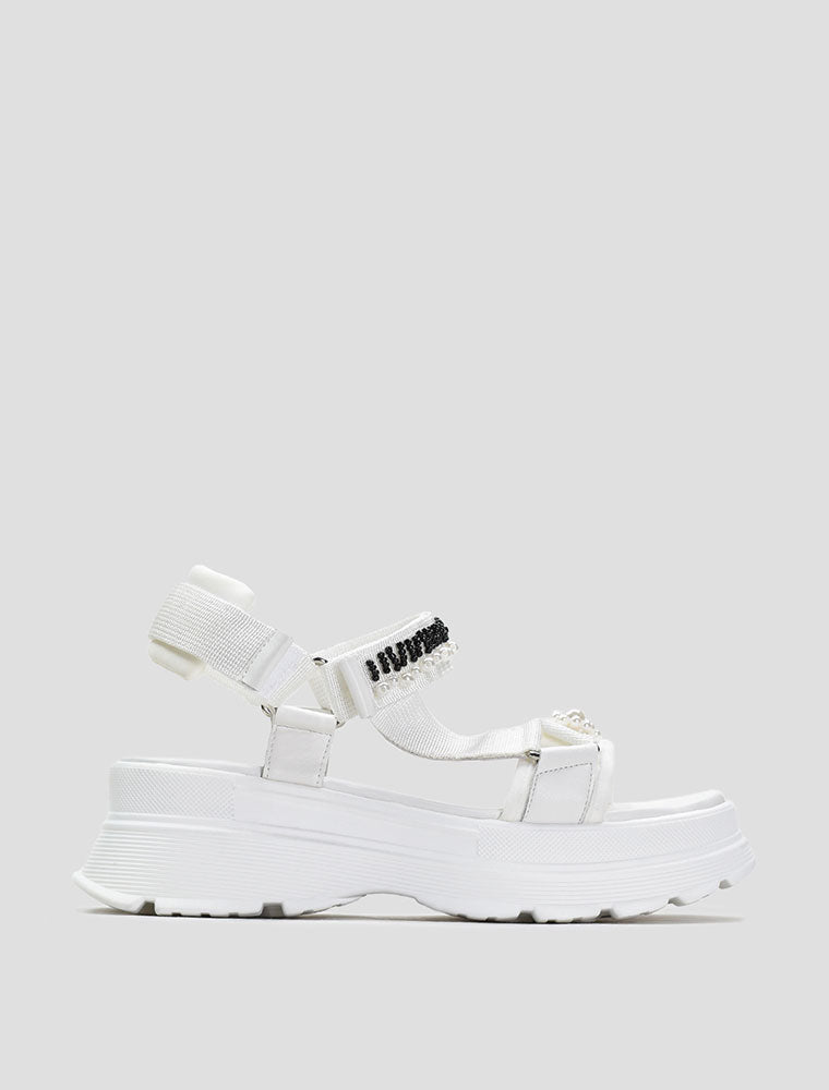 Beaded Top Straps Casual Platform Sandals, White