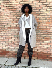 Belted Elastic Waist Paperbag Pant with Pocket Detail, Espresso Grey