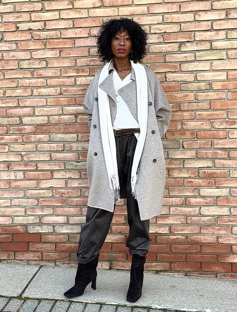 Belted Elastic Waist Paperbag Pant with Pocket Detail, Espresso Grey