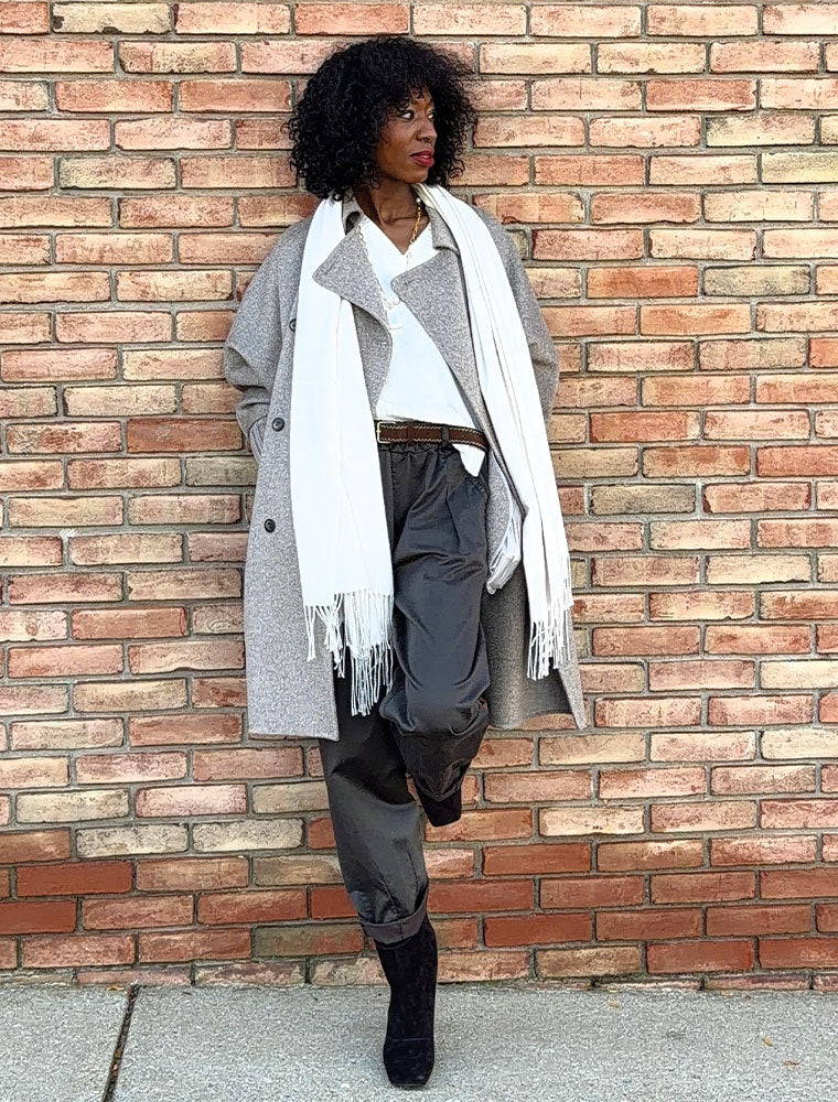 Belted Elastic Waist Paperbag Pant with Pocket Detail, Espresso Grey