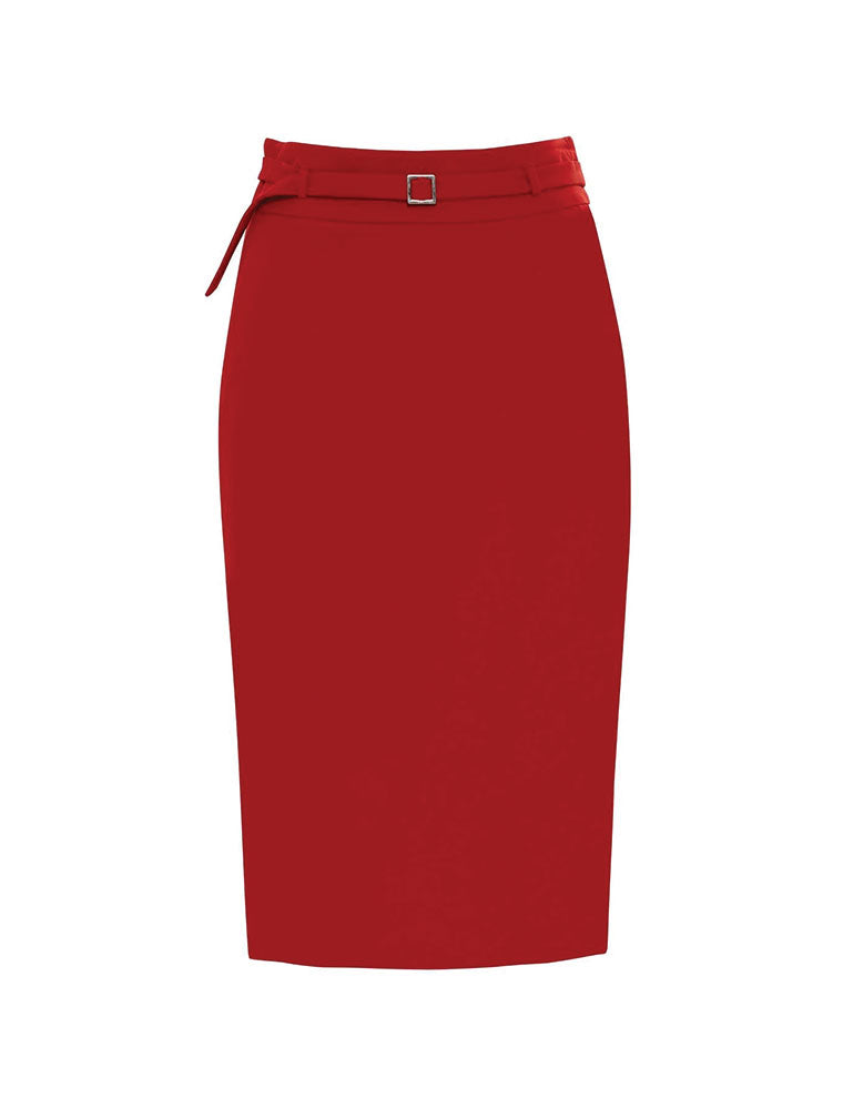 Belted Pencil Jersey Skirt, Red