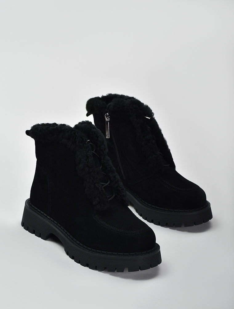 Shearling Lined Suede Ankle Boots, Black