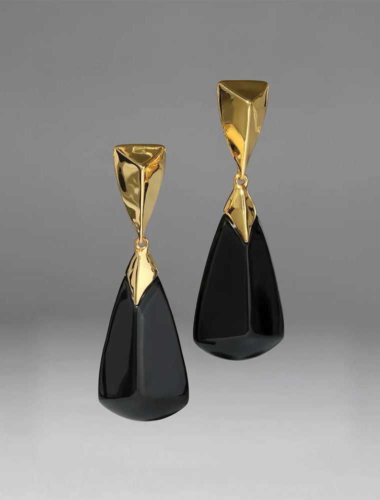 Black Lucite Armor Drop Earring, 14K Yellow Gold Plated