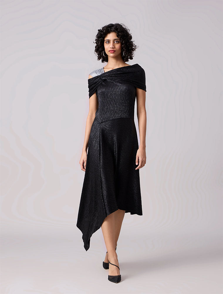 Tabita Asymmetrical Textured Dress, Black / Metallic