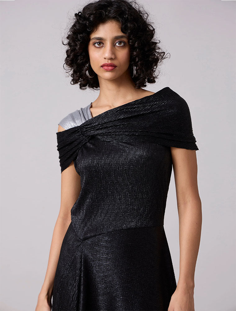 Tabita Asymmetrical Textured Dress, Black / Metallic