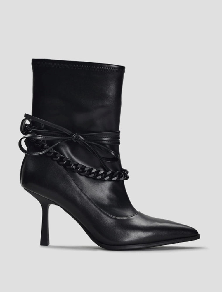 Black Chain Detail Stiletto Heel Ankle Booties, Black