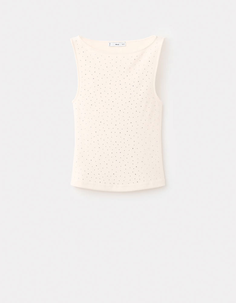 Boat-Neck Knit Top with Rhinestones, Ivory