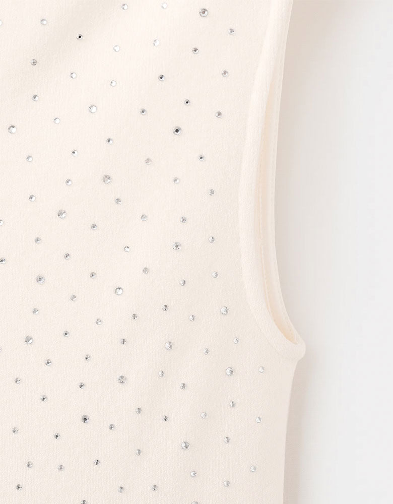 Boat-Neck Knit Top with Rhinestones, Ivory