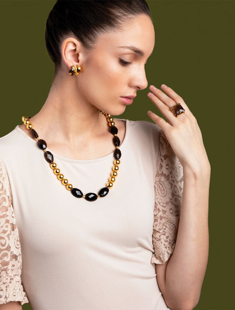 Veronica Ring, Smoky Quartz Square Checkers Cut, 14K Gold Plated