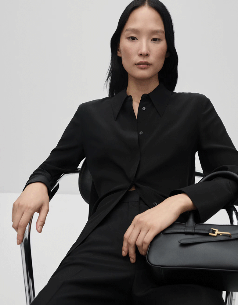 Button Down 100% Silk Shirt, Black