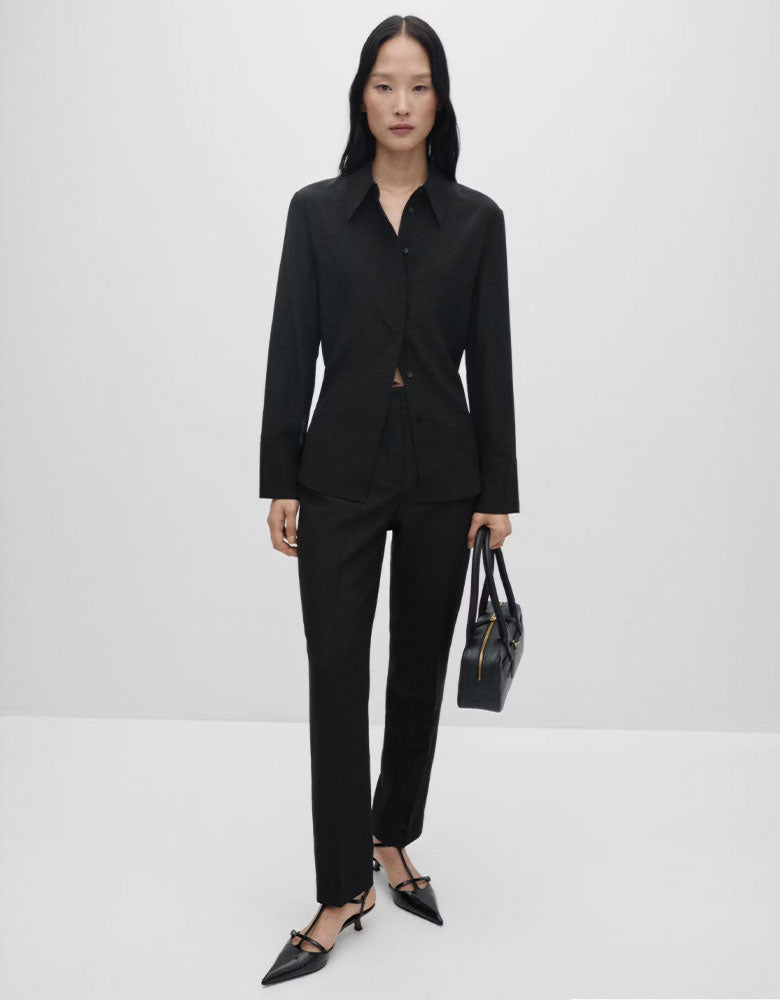 Button Down 100% Silk Shirt, Black