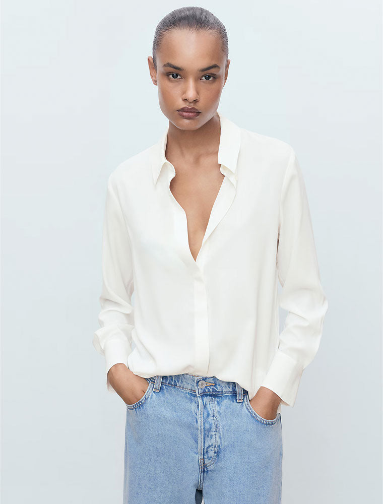 Button Down Satin Shirt, Off-White