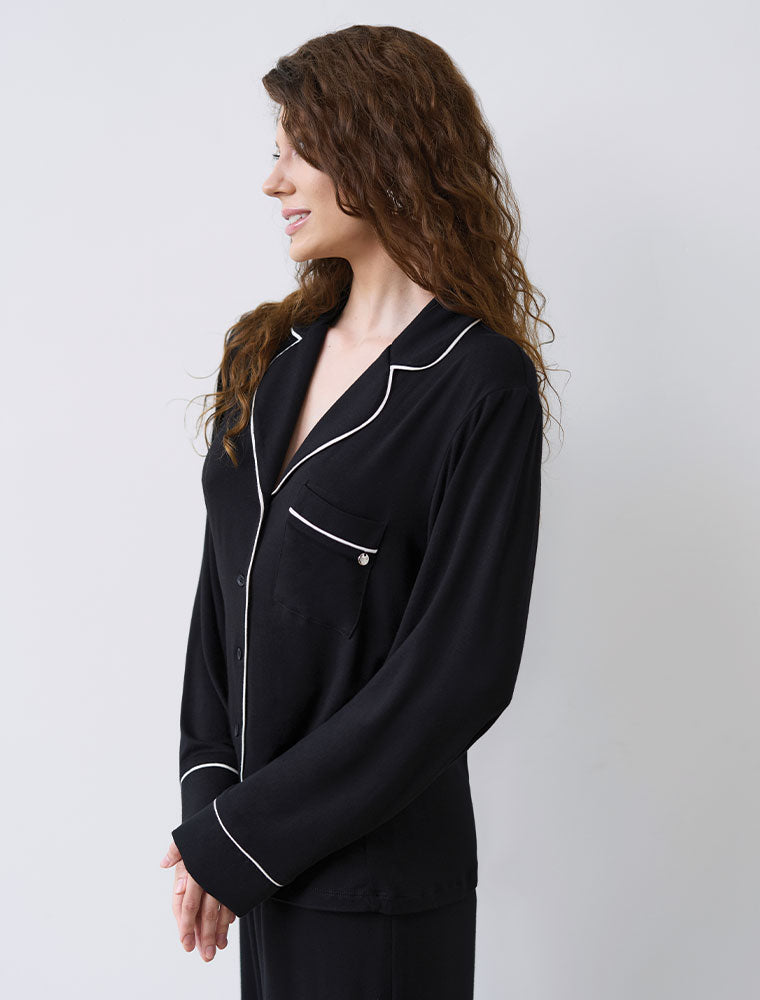 Button-Up Long Sleeve Pajama Set with Pants, Black