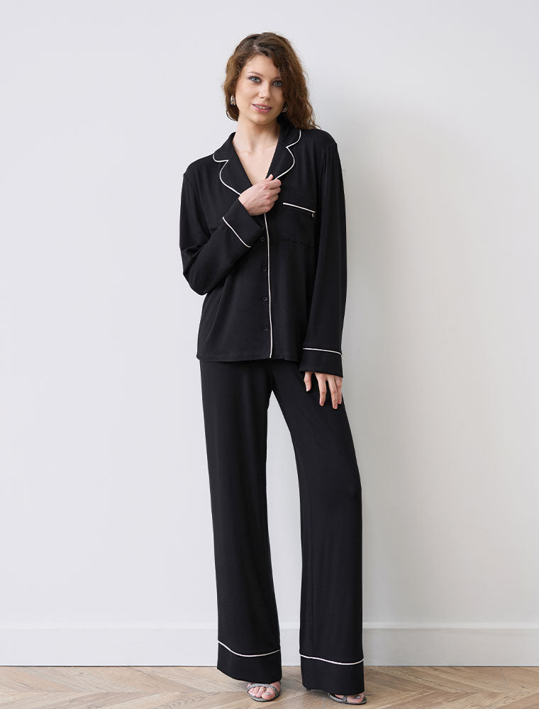 Button-Up Long Sleeve Pajama Set with Pants, Black