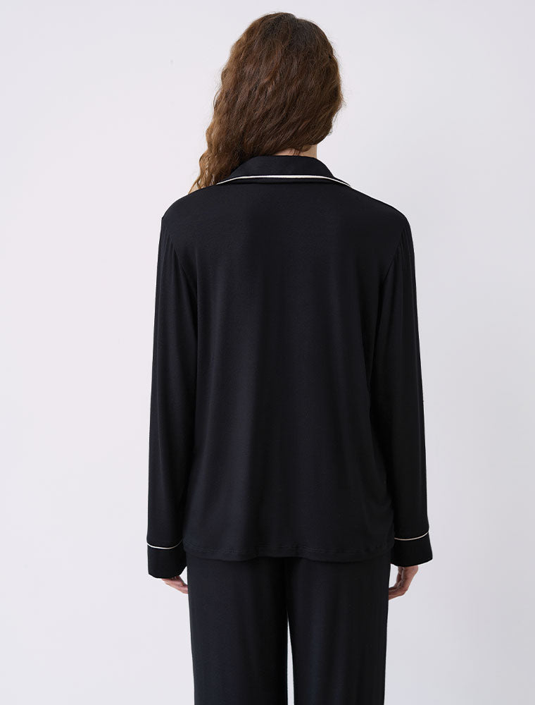 Button-Up Long Sleeve Pajama Set with Pants, Black