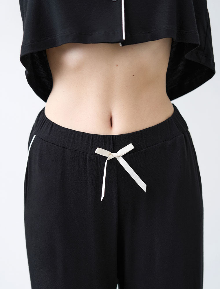 Button-Up Long Sleeve Pajama Set with Pants, Black