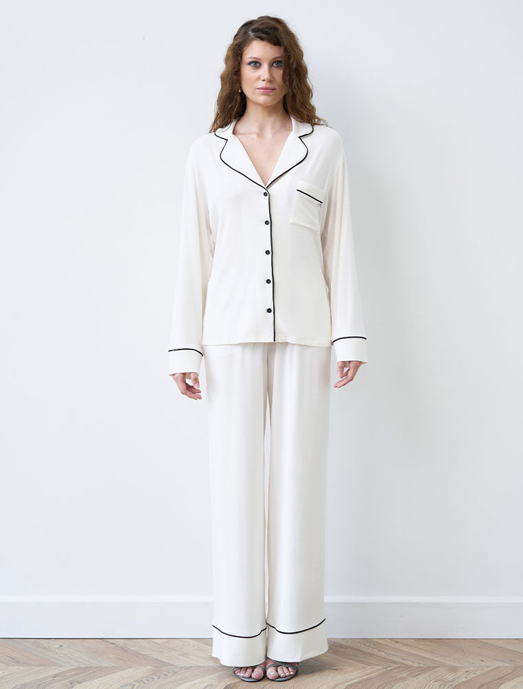 Button-Up Long Sleeve Pajama Set with Pants, Ivory