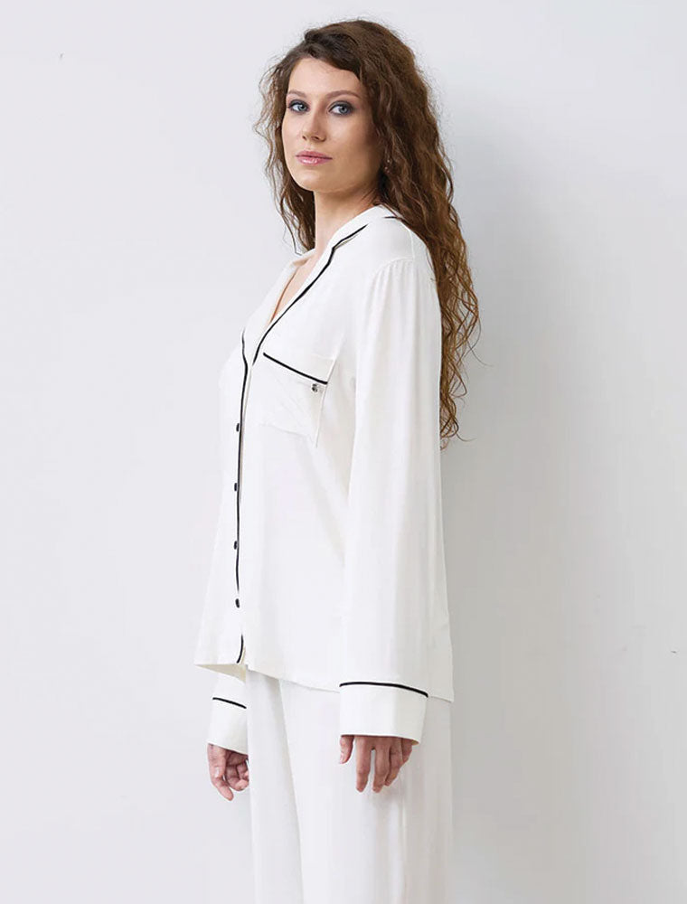 Button-Up Long Sleeve Pajama Set with Pants, Ivory