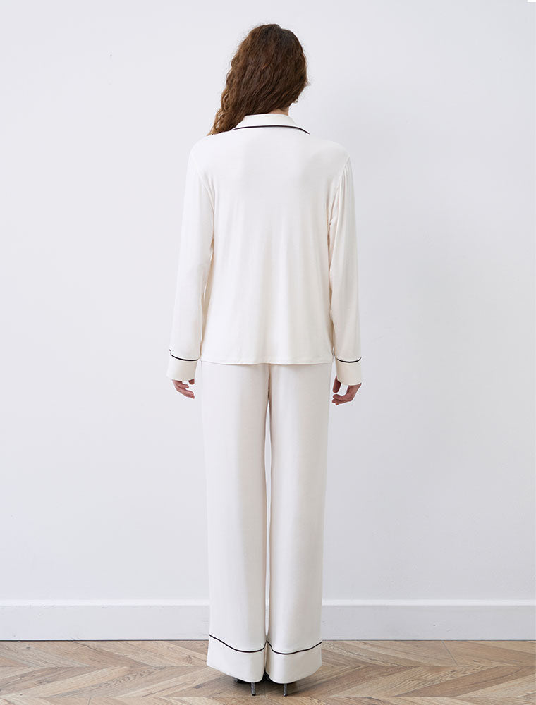 Button-Up Long Sleeve Pajama Set with Pants, Ivory