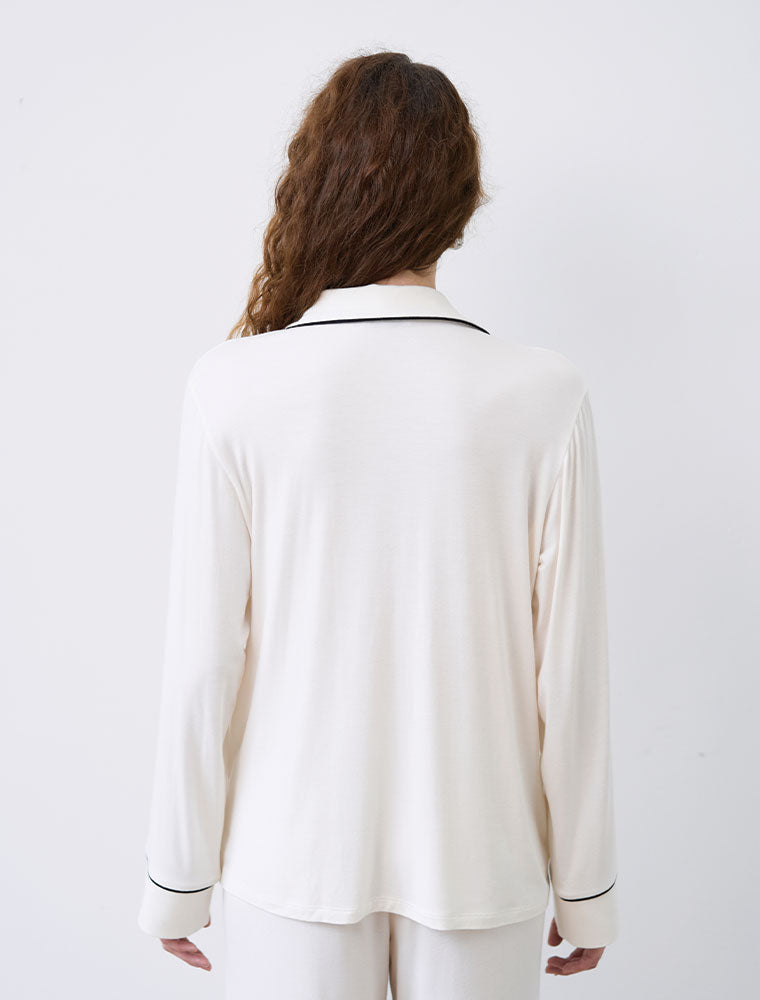 Button-Up Long Sleeve Pajama Set with Pants, Ivory