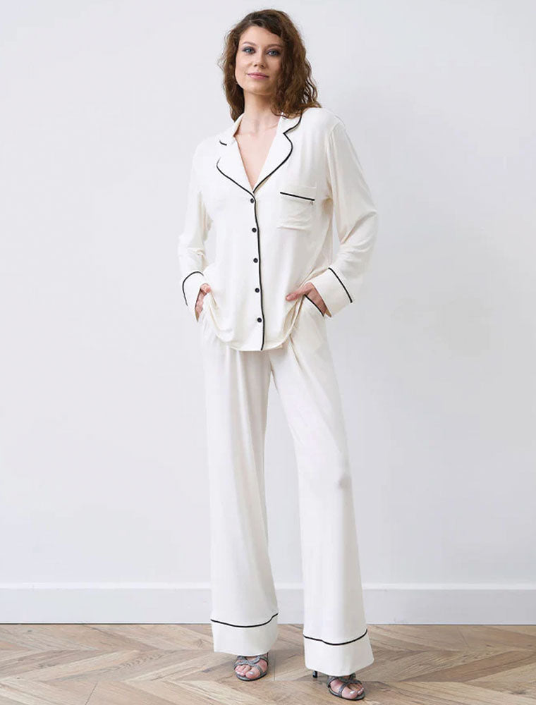 Button-Up Long Sleeve Pajama Set with Pants, Ivory