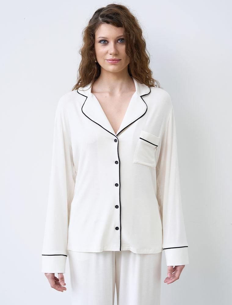 Button-Up Long Sleeve Pajama Set with Pants, Ivory