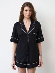Button-Up Short Sleeve Pajama Set with Shorts, Black