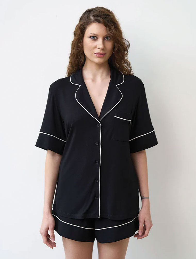 Button-Up Short Sleeve Pajama Set with Shorts, Black