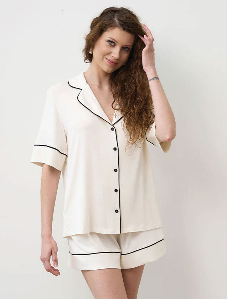 Button-Up Short Sleeve Pajama Set with Shorts, Ivory