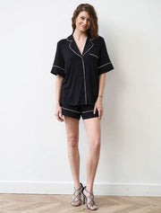 Button-Up Short Sleeve Pajama Set with Shorts, Black