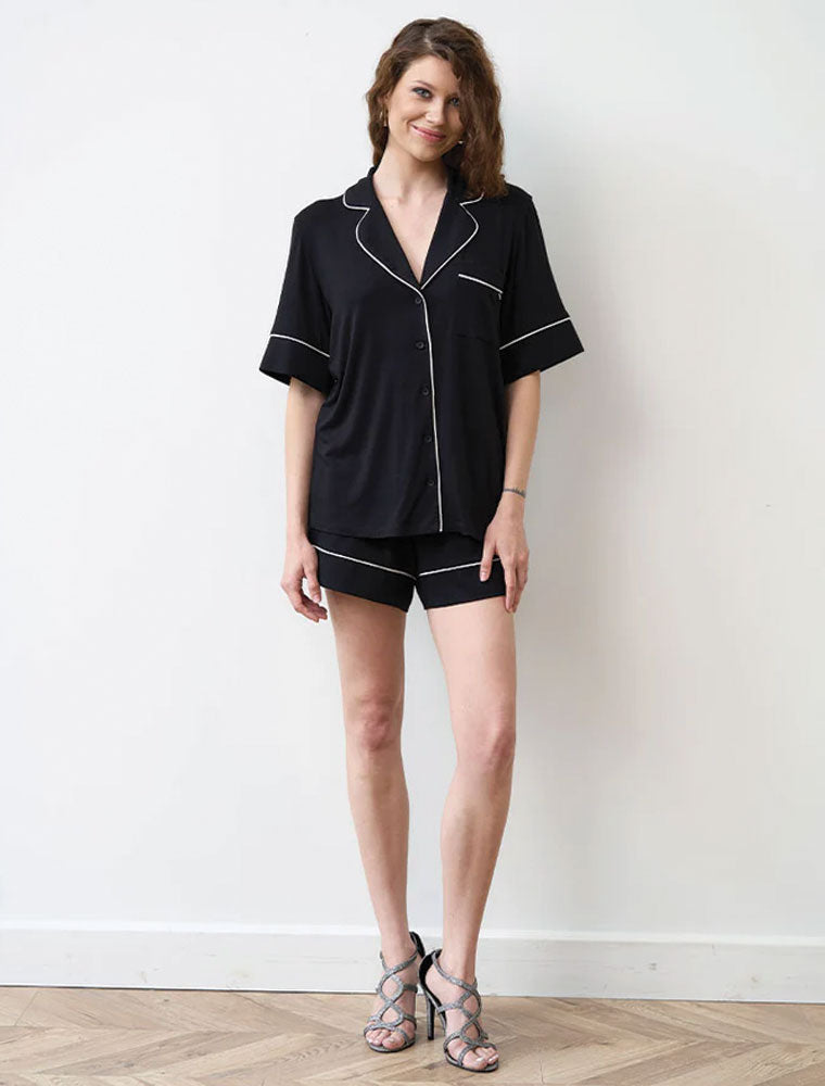 Button-Up Short Sleeve Pajama Set with Shorts, Black