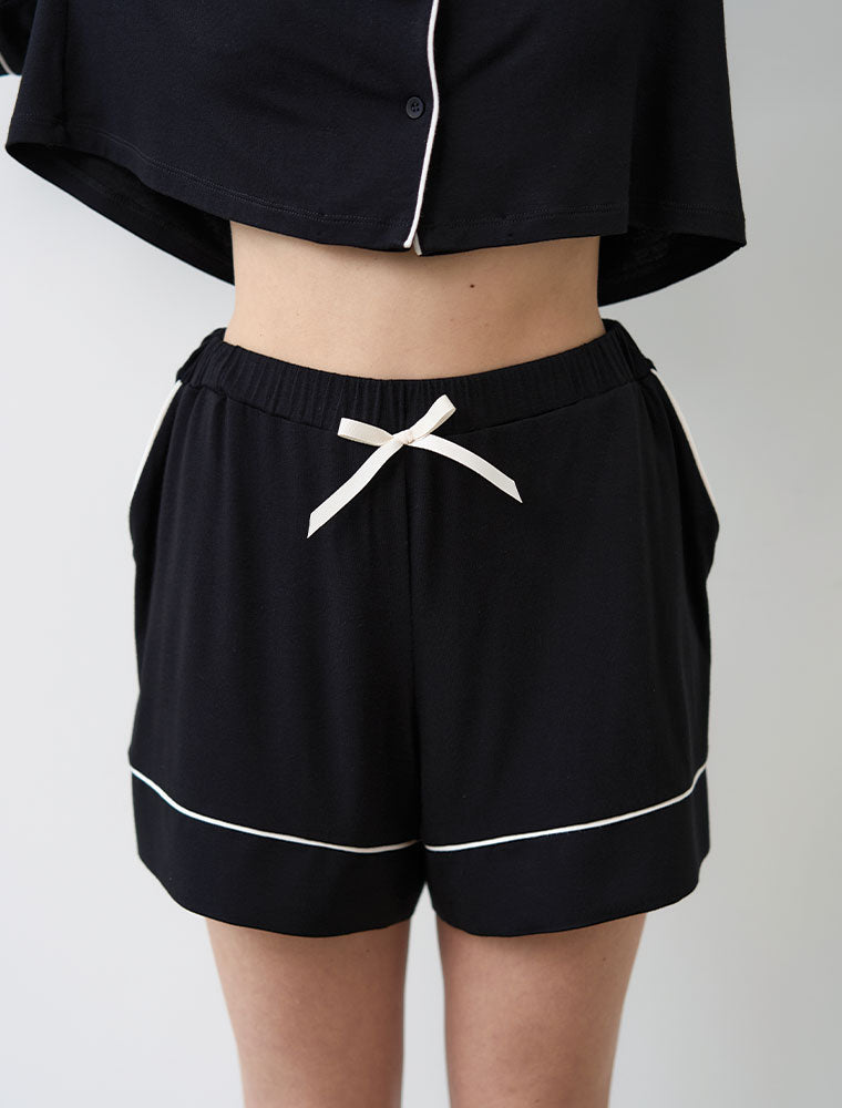 Button-Up Short Sleeve Pajama Set with Shorts, Black