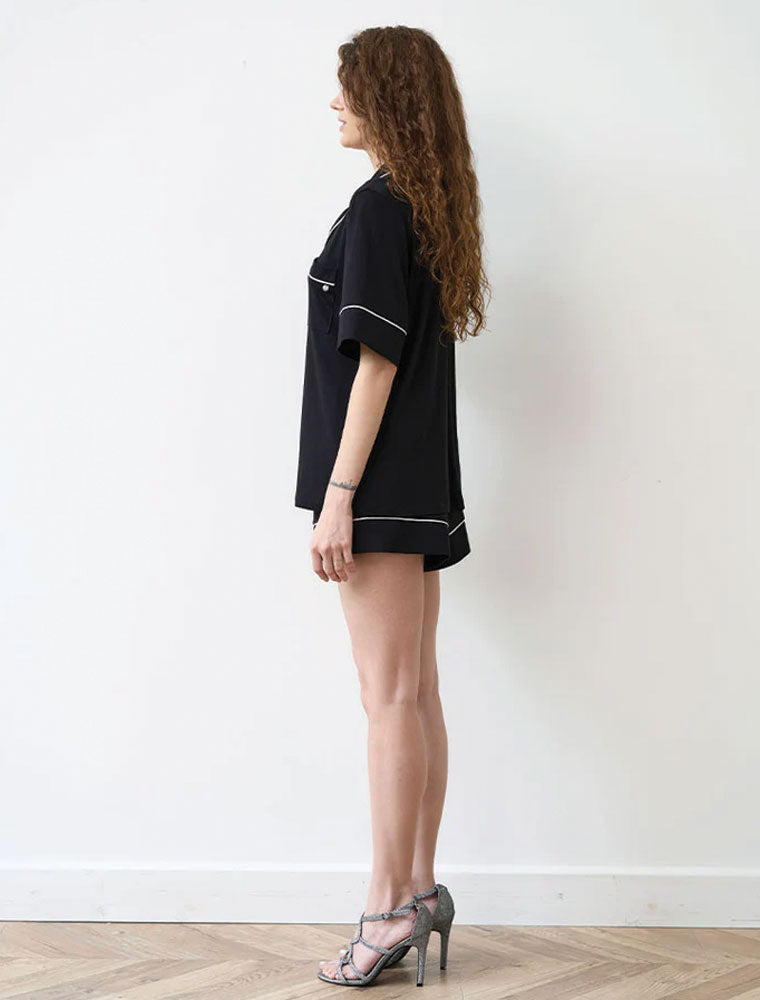 Button-Up Short Sleeve Pajama Set with Shorts, Black