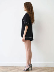 Button-Up Short Sleeve Pajama Set with Shorts, Black
