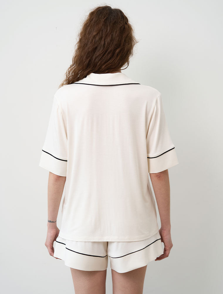 Button-Up Short Sleeve Pajama Set with Shorts, Ivory