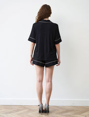 Button-Up Short Sleeve Pajama Set with Shorts, Black