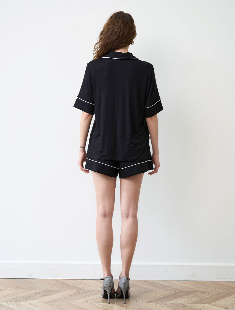 Button-Up Short Sleeve Pajama Set with Shorts, Black