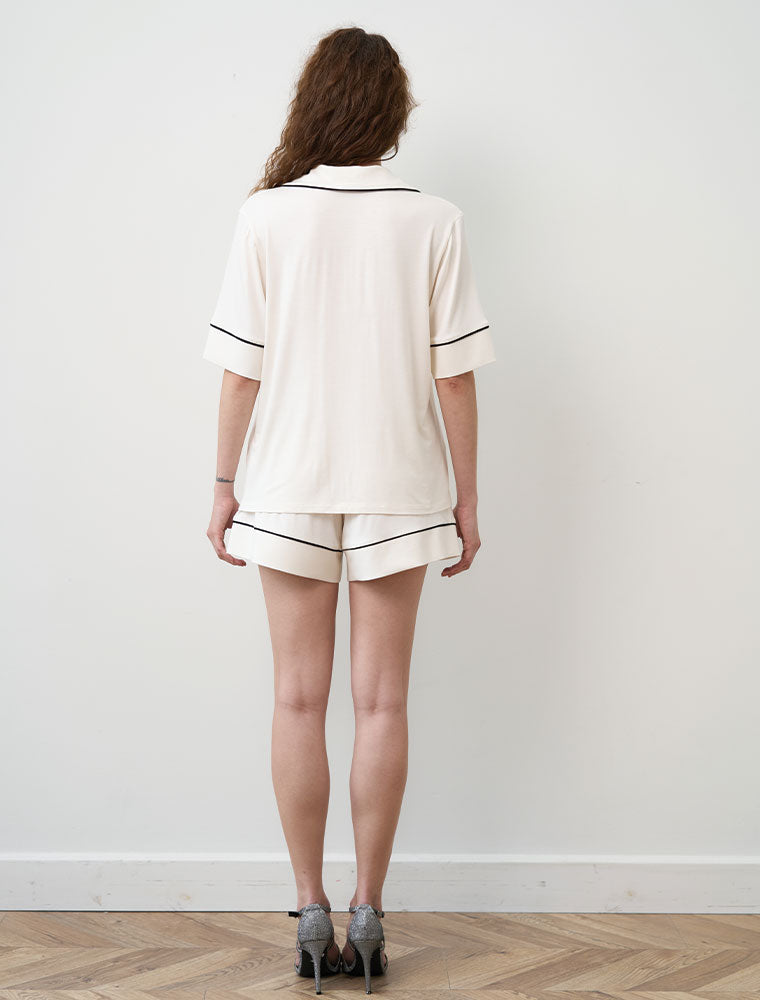 Button-Up Short Sleeve Pajama Set with Shorts, Ivory