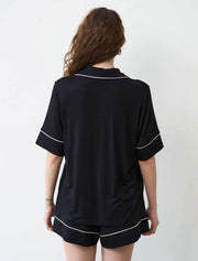 Button-Up Short Sleeve Pajama Set with Shorts, Black