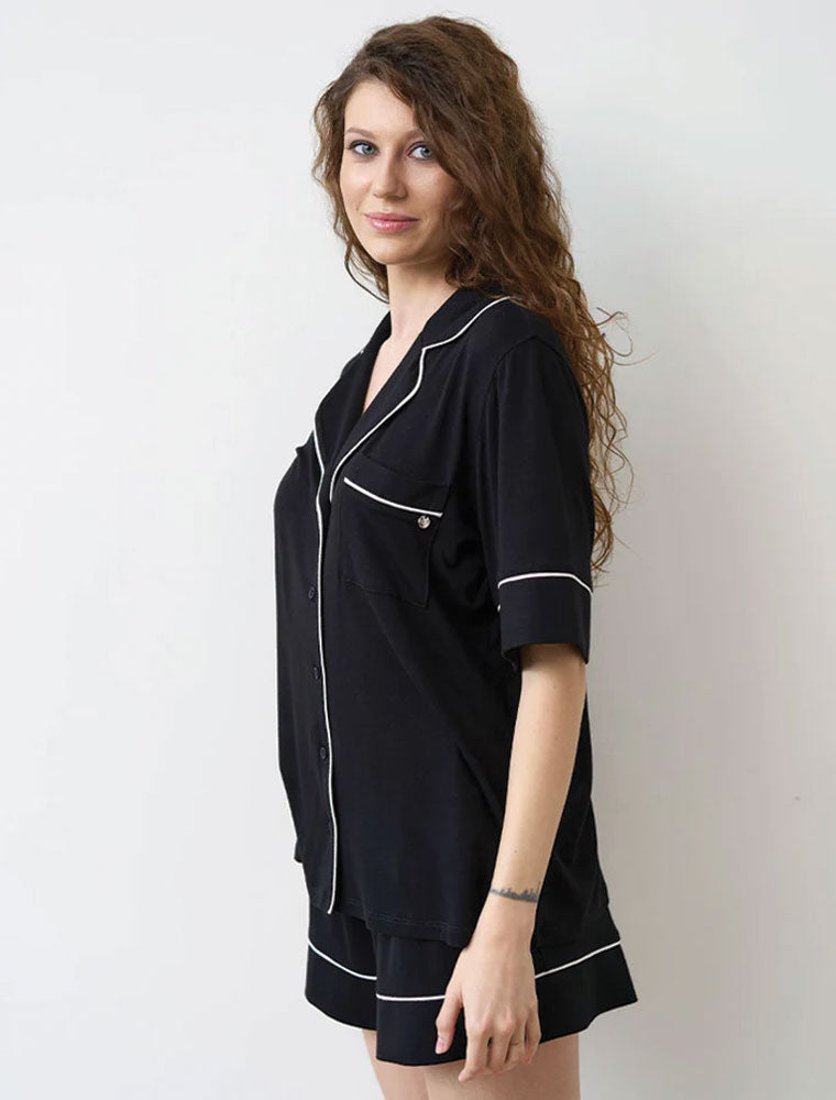 Button-Up Short Sleeve Pajama Set with Shorts, Black