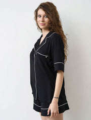 Button-Up Short Sleeve Pajama Set with Shorts, Black