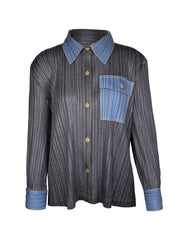 Camille Contrast Denim Pleated Shirt, Black